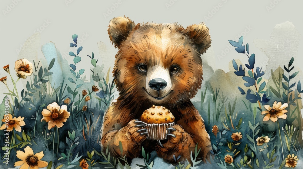 a painting of a brown bear holding a cupcake in a field of wildflowers and grass with blue sky in the background. a painting of a brown bear holding a cupcake in a field of wildflowers and grass with blue sky in the background.