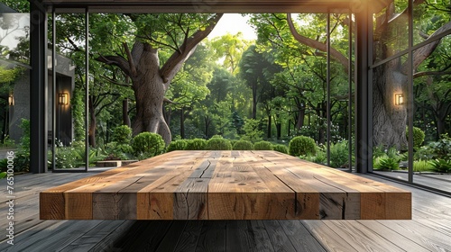  a wooden table sitting on top of a wooden floor in front of a forest filled with lots of green trees. © Shanti