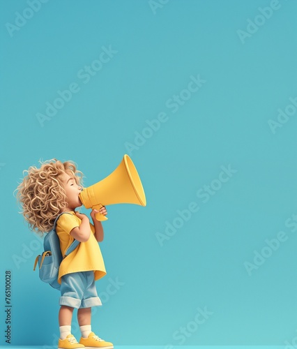 a child with megaphone speaker on soft blue background
