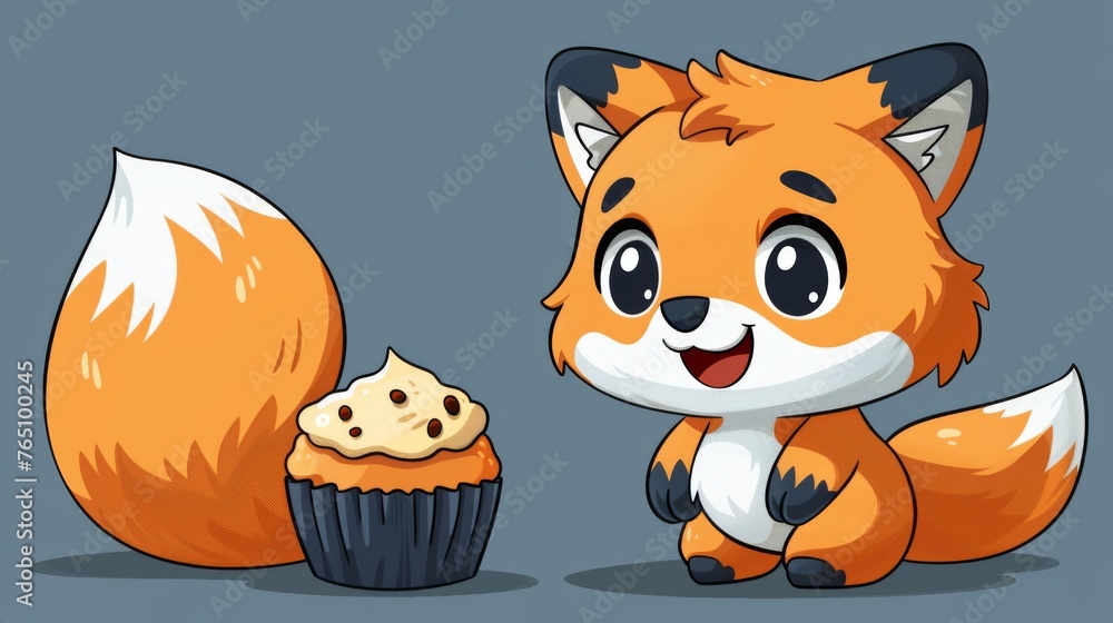 Fototapeta premium a cartoon fox sitting next to a cupcake with a frosted cupcake on the bottom of it's face.