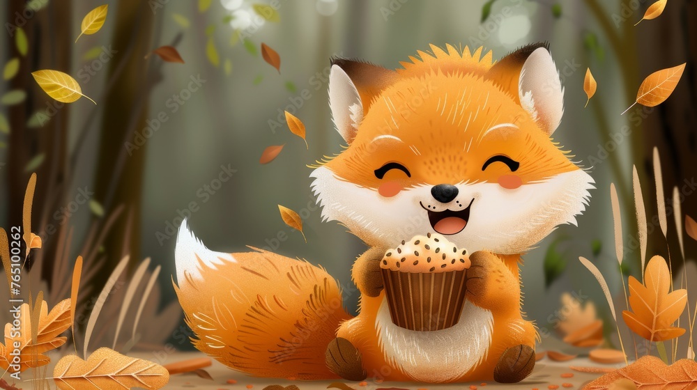 Fototapeta premium a painting of a fox holding a cupcake in its paws in a forest with fallen leaves on the ground.