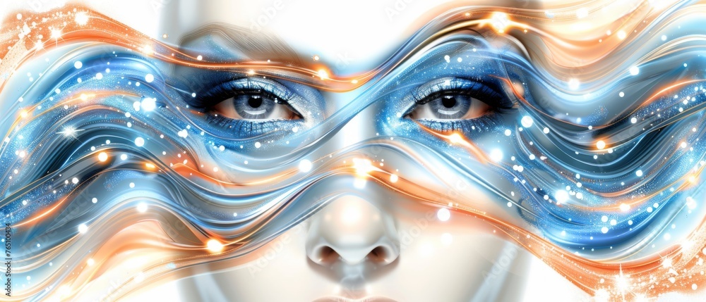Digital artwork featuring a female face surrounded by blue-orange waves and twinkling stars Digital artwork featuring a female face surrounded by blue-orange waves and twinkling stars