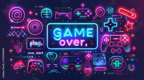 Neon game over background with video game elements and the text  game over   written in the center of the frame