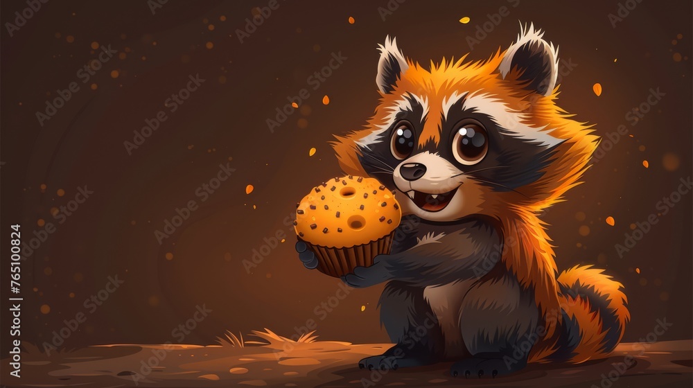 Fototapeta premium a painting of a raccoon holding a muffin in one hand and a muffin in the other.