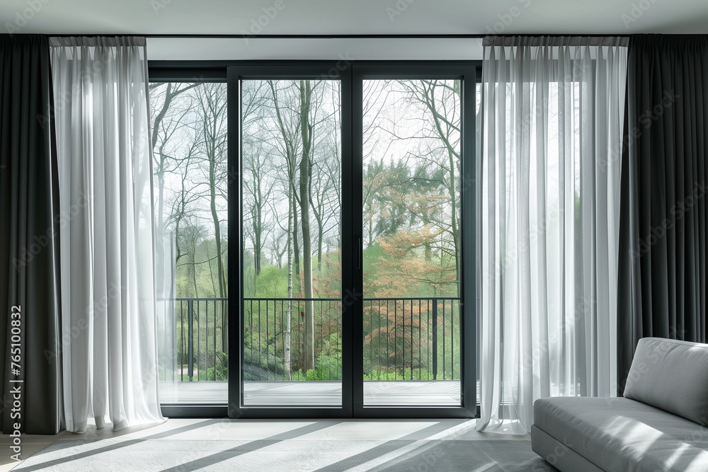 Fototapeta premium Modern Minimalist Window Design with Sleek Black Frames and Clear Glass