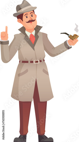 Detective smoking pipe. Cartoon smart character solving mystery