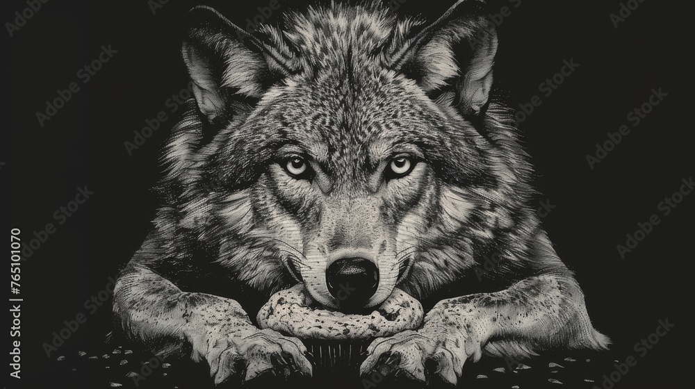 a black and white photo of a wolf with his paw on a bone in front of it's mouth. a black and white photo of a wolf with his paw on a bone in front of it's mouth.