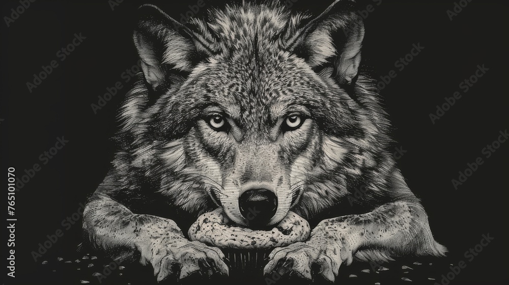  a black and white photo of a wolf with his paw on a bone in front of it's mouth.