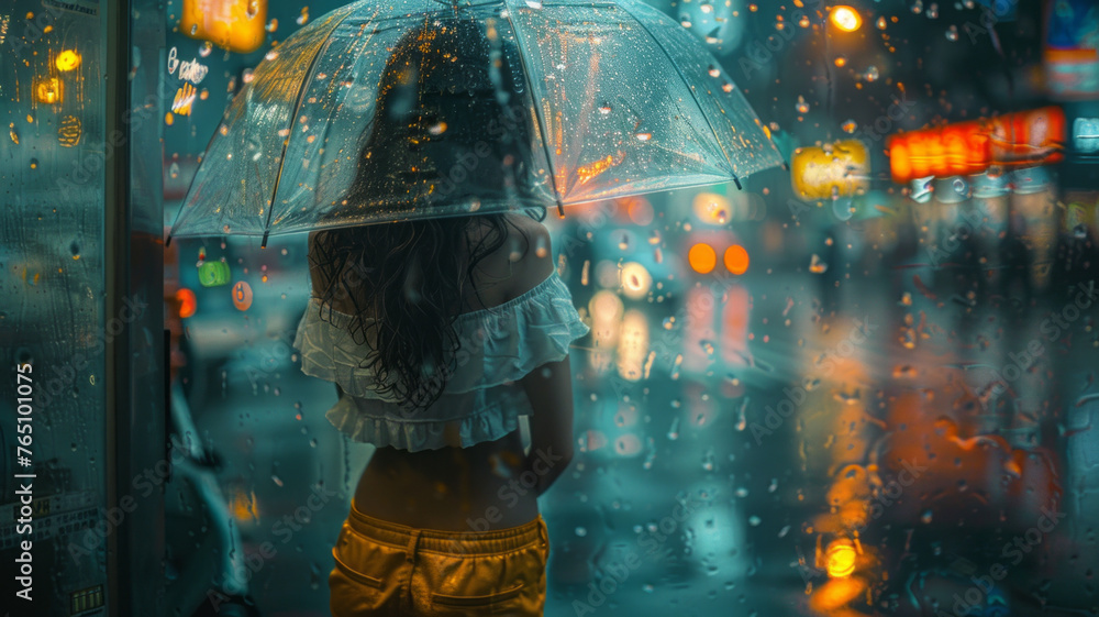 Young lady in rain attire, anxiously awaiting bus at softly lit stop.generative ai Young lady in rain attire, anxiously awaiting bus at softly lit stop.generative ai