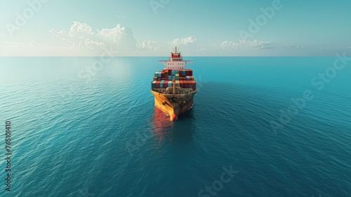 Cargo ship sailing on a calm ocean at sunset - A serene image capturing a large cargo ship filled with containers navigating the still ocean waters as the sun sets, painting the sky in warm hues