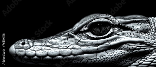  A monochrome picture of an enormous alligator's head on a dark background