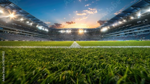 Empty football stadium with bright lights and lush grass - Majestic view of an empty football stadium illuminated with bright lights showcasing lush green grass and vibrant stadium architecture