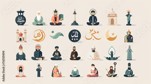 Illustration of religious symbols. Set of small characters representing different religions. Studying theology and learning about Christianity, Islam, and Muslim history and culture. photo
