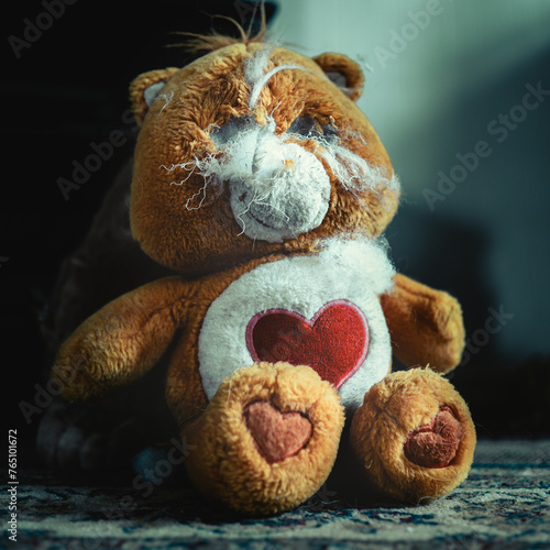 scary teddy bear with torn out eyes, frightening and disturbing toy.