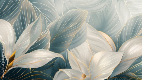 A painting featuring white flowers set against a vibrant blue background, creating a stark and elegant contrast