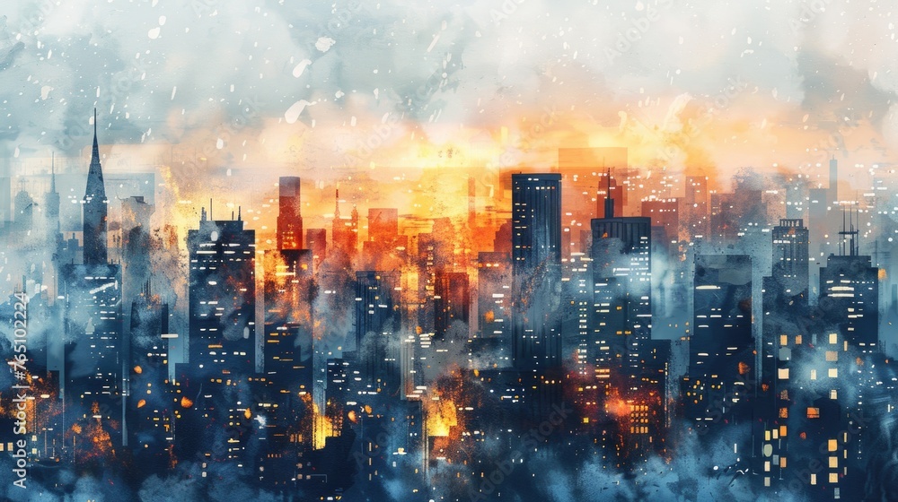 Fototapeta premium A watercolor cityscape at twilight, with glowing lights and shadowy buildings, contrasted on white