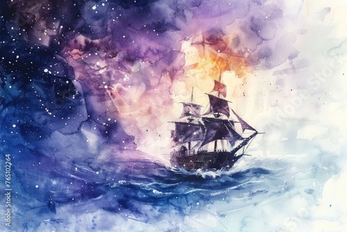 Fototapeta Naklejka Na Ścianę i Meble -  A watercolor fantasy scene of a space pirate ship navigating through cosmic storms, on white