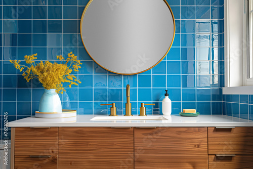 A cozy bathroom sink detail with a gold faucet, vibrant blue square tiles, and a white oak cabinet. photo