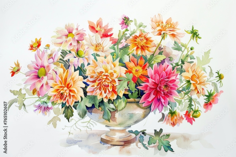 A watercolor still life of vibrant flowers in a delicate vase, radiating beauty on a white background A watercolor still life of vibrant flowers in a delicate vase, radiating beauty on a white background