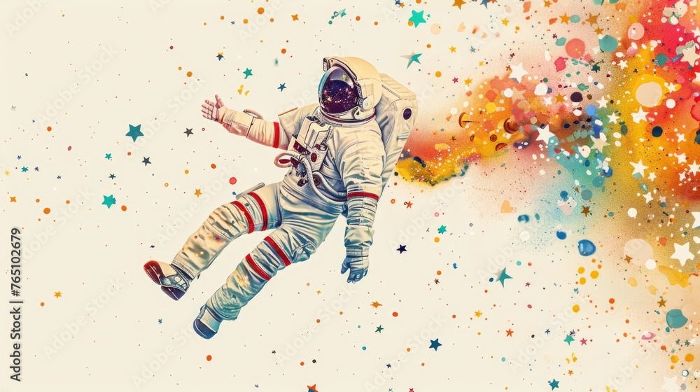 An astronaut floating in watercolor space, surrounded by a tapestry of stars, on a white background