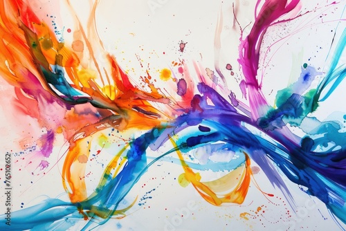 An abstract watercolor composition, with vibrant swirls and splashes of color, on a white canvas