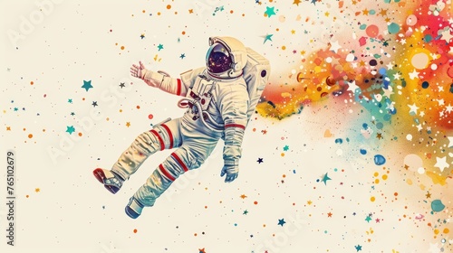An astronaut floating in watercolor space  surrounded by a tapestry of stars  on a white background