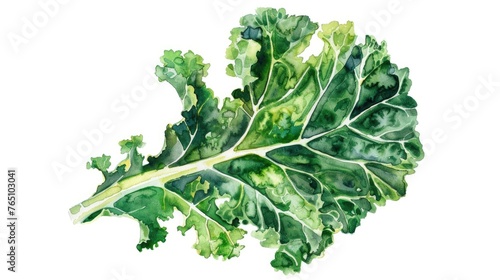 Watercolor illustration of a kale leaf, with emphasis on its curly edges and green hues, on white