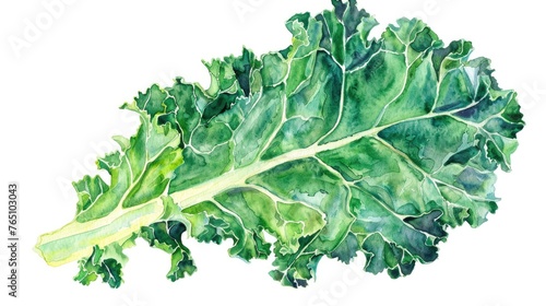 Watercolor illustration of a kale leaf, with emphasis on its curly edges and green hues, on white photo