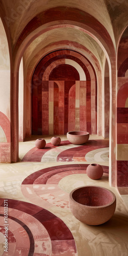 Majestic Red Arched Corridor with Spherical Sculptures