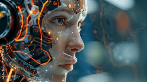 A close up of a woman's face with glowing orange wires, AI