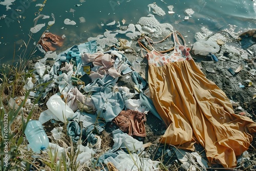 Clothes discarded in landfill highlighting issues of fast fashion and sustainability. Concept Fast Fashion, Landfill Pollution, Clothing Waste, Sustainability Awareness, Textile Industry
