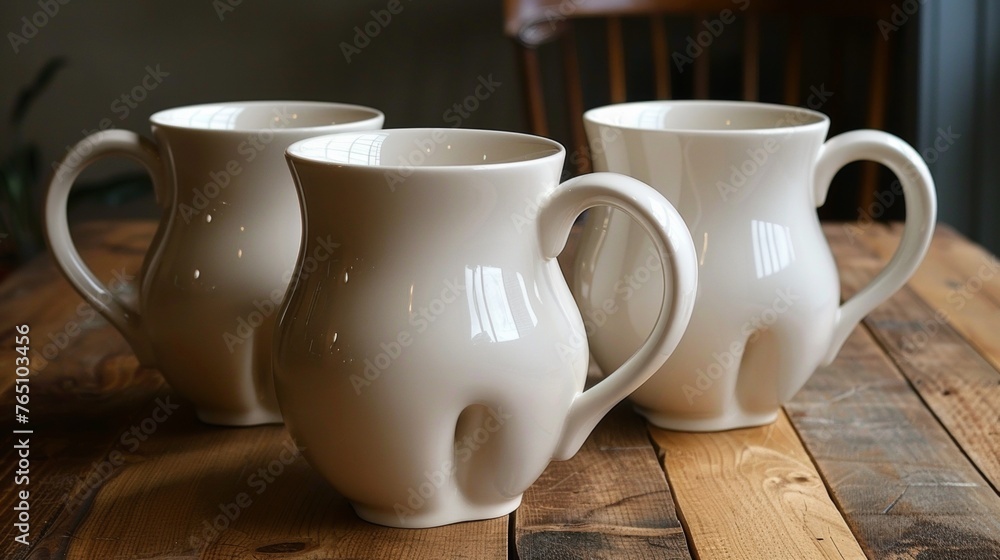 Three white coffee mugs sitting on a wooden table, AI Three white coffee mugs sitting on a wooden table, AI