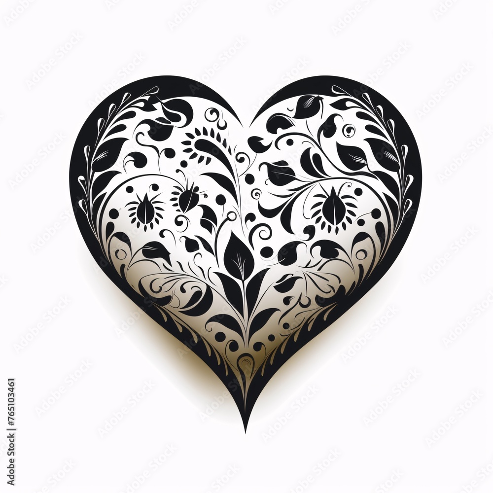 a black and white heart with floral designs
