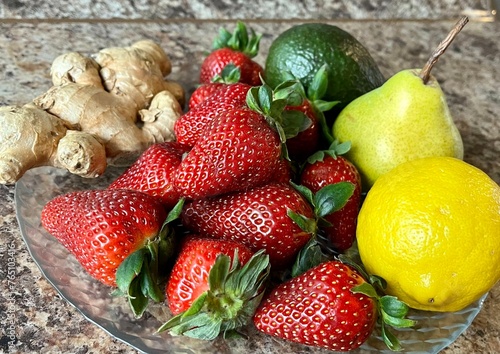 strawberries, lemon, ginger, pear ,fruits, avocado photo