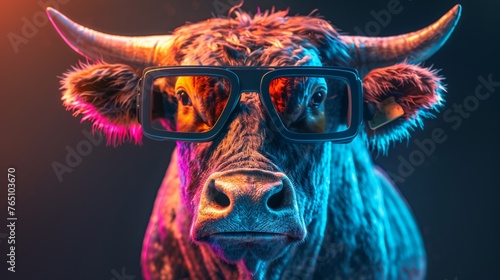 A bull wearing sunglasses with a colorful background, AI