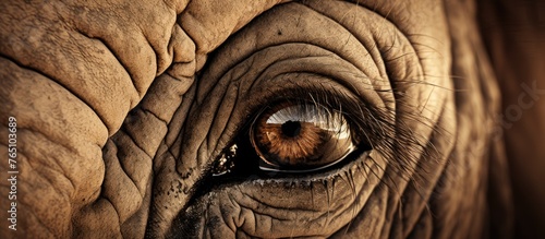 A detailed view capturing the close-up of the eye of an elephant showing its distinct brown color