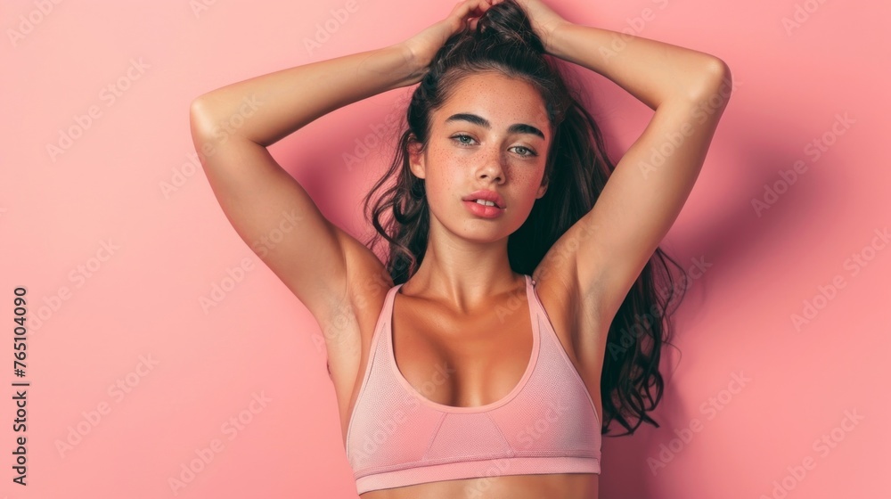 Fototapeta premium Attractive fit female model wearing sporty outfit on pastel pink background. Banner for fitness, lifestyle, sports.