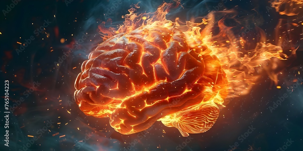 Side view of a brain on fire representing neurological diseases like Parkinsons Alzheimers dementia or Multiple Sclerosis. Concept Neurological Disorders, Brain Health, Medical Conditions - obrazy, fototapety, plakaty 