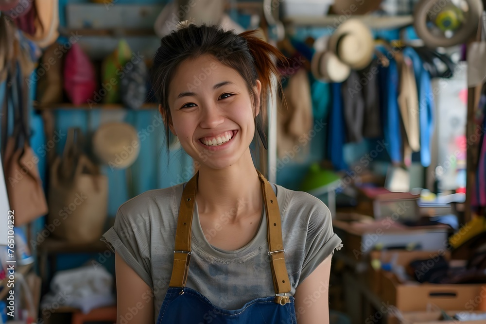 Smiling Asian Woman Owner of Secondhand Clothing Store Working in Shop. Concept Portrait Photography, Small Business Owner, Asian Woman, Secondhand Clothing, Retail Environment