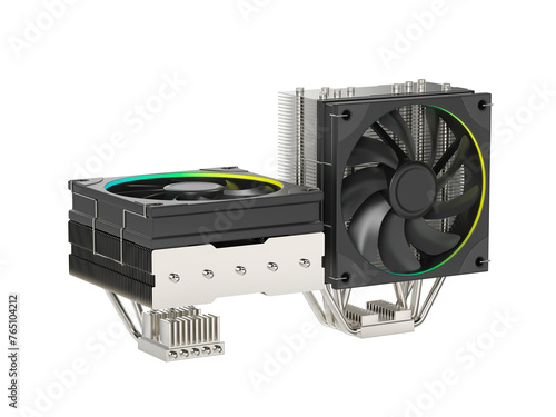 Low profile and tower type computer processor coolers on transparent background