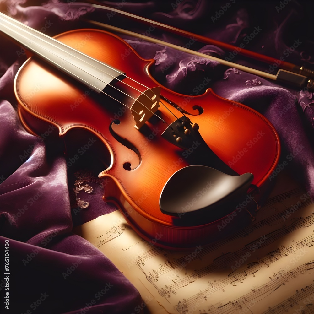 Fototapeta premium violin and notes on a purple background crative musical concept.