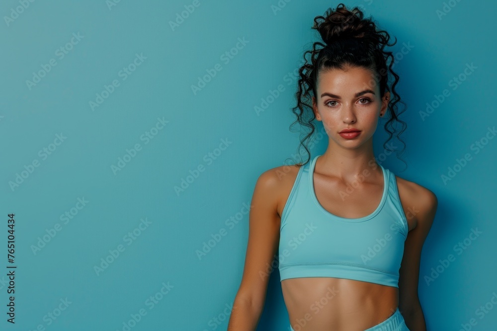 Attractive fit female model wearing sporty outfit on pastel blue background. Banner for fitness, lifestyle, sports. Attractive fit female model wearing sporty outfit on pastel blue background. Banner for fitness, lifestyle, sports.