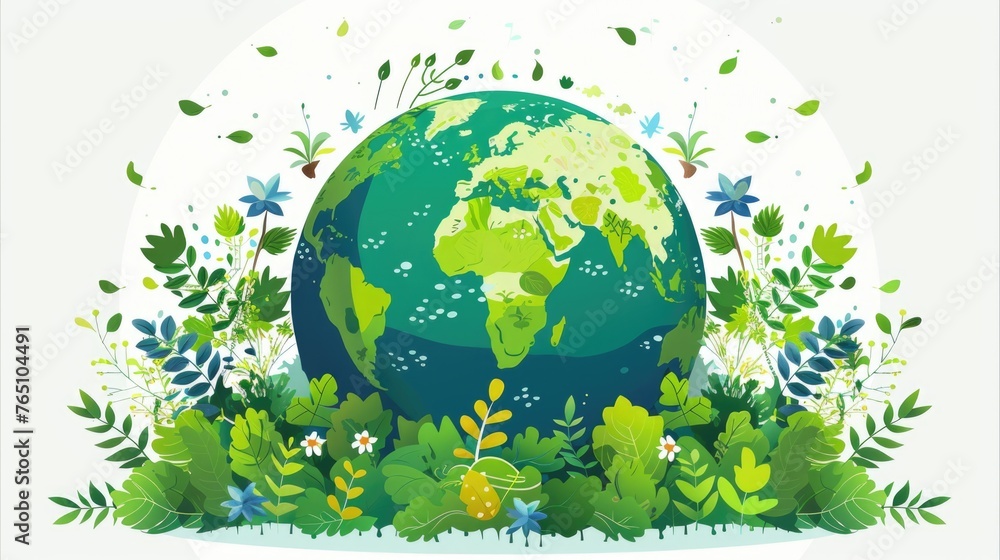A green earth surrounded by plants and flowers A green earth surrounded by plants and flowers