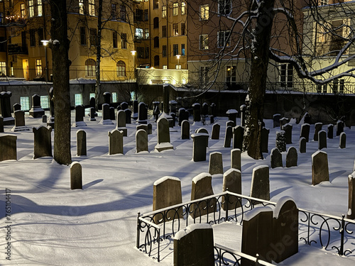 Beautiful moody cityscape night scene of snow covered burial place in Stockholm.