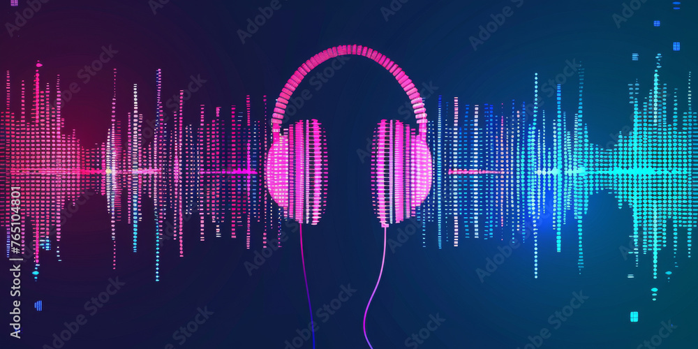 Vibrant Headphones with Digital Sound Wave Background