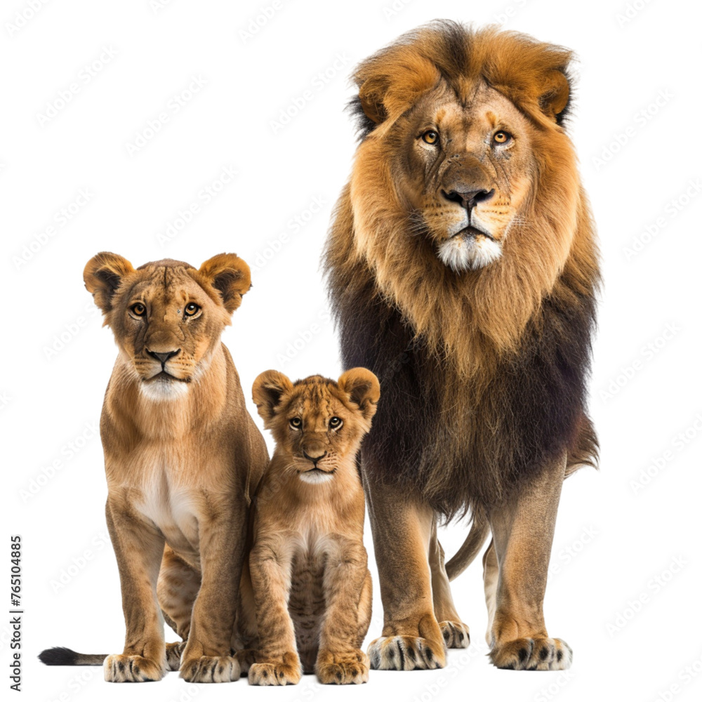 Obraz premium Collection of a standing lion family (male, lioness, cub), animal bundle isolated on a white background. With clipping path