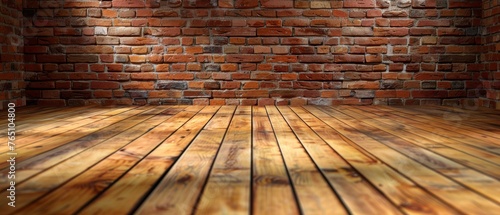  wood floor, brick wall with clock, light at end