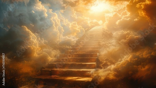 Sunset cloudscape with ethereal golden stairway - A breathtaking golden stairway amongst clouds illuminated by the sunset, signifying a journey to enlightenment photo
