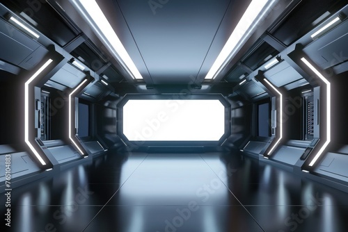 Futuristic corridor with bright white exit - An expansive, sleek, futuristic corridor leads towards a brightly illuminated exit, conveying a sense of advanced technology and innovation