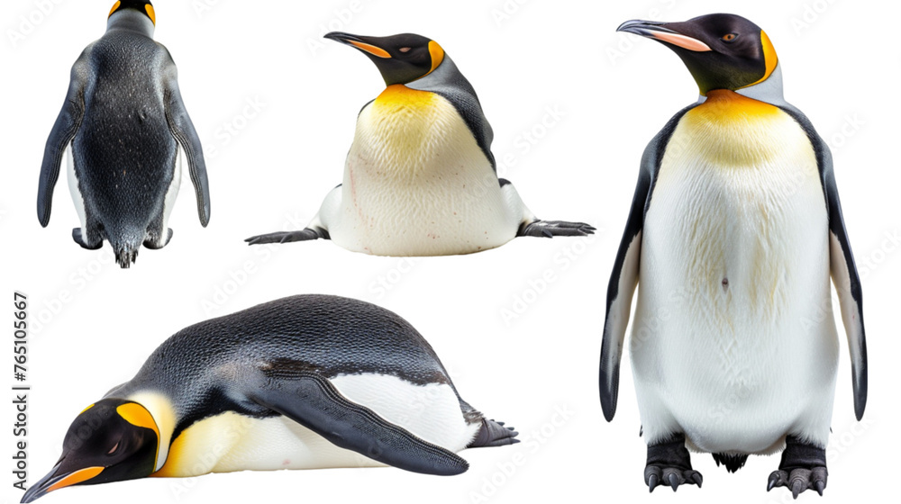 Fototapeta premium Emperor penguin collection (lying, standing, portrait) isolated on a white background, animal bundle. With clipping path